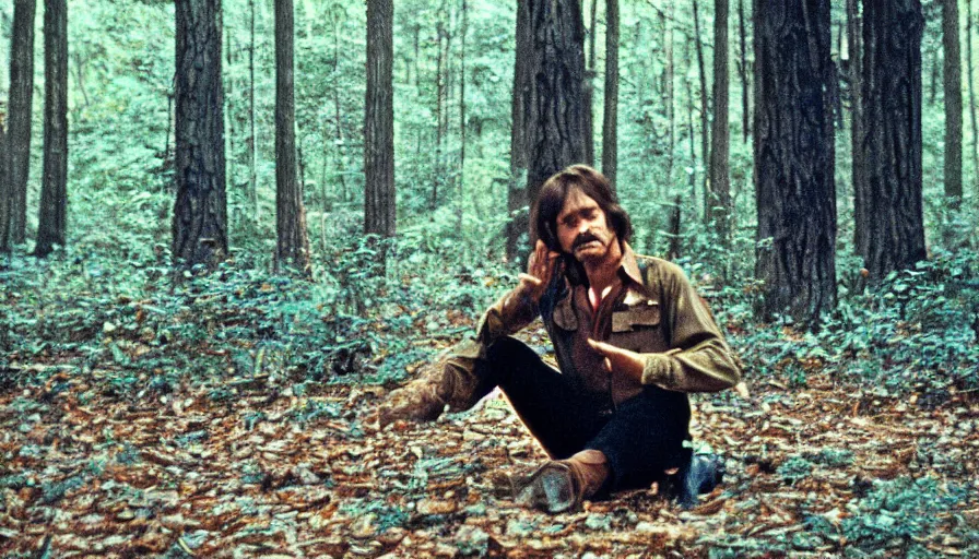 Prompt: 7 0 s film still from a horror movie with a man sitting in a forest, kodachrome, cinecolor, cinestill, photorealism, cinematic, film grain, film texture, vhs recording