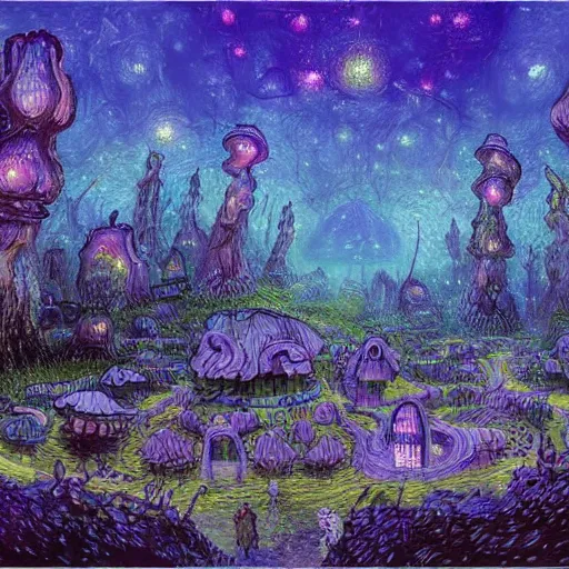 Prompt: concept art detailed painting of a dark purple fantasy fairytale fungal town made of mushrooms, with glowing blue lights, in the style of vincent van gogh and albert bierstadt and wayne barlowe