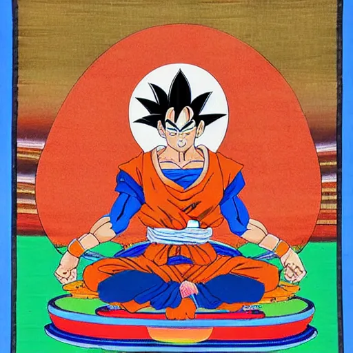 Prompt: Goku depicted in a Thangka art painting