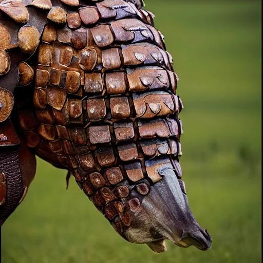 Prompt: a Horse with the armor of a pangolin, national geographic photograph