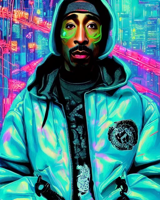 Image similar to detailed Tupac Shakur portrait Neon Operator, cyberpunk futuristic neon, reflective puffy coat, decorated with traditional Japanese ornaments by Ismail inceoglu dragan bibin hans thoma !dream detailed portrait Neon Operator Girl, cyberpunk futuristic neon, reflective puffy coat, decorated with traditional Japanese ornaments by Ismail inceoglu dragan bibin hans thoma greg rutkowski Alexandros Pyromallis Nekro Rene Maritte Illustrated, Perfect face, fine details, realistic shaded, fine-face, pretty face