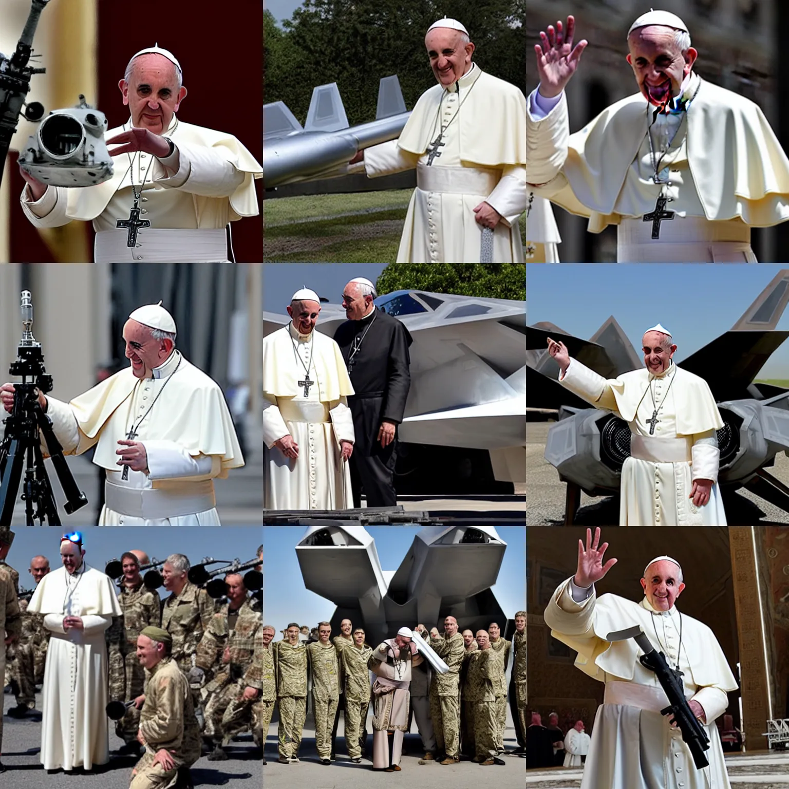 Prompt: the pope posing with a minigun in front of an f-22