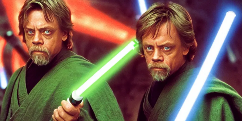 Image similar to A full color still of Mark Hamill as Jedi Master Luke Skywalker and his green lightsaber having a lightsaber battle with Sith Lords and their red lightsabers, with large windows showing a sci-fi city outside, at dusk at golden hour, from The Phantom Menace, directed by Steven Spielberg, 1997