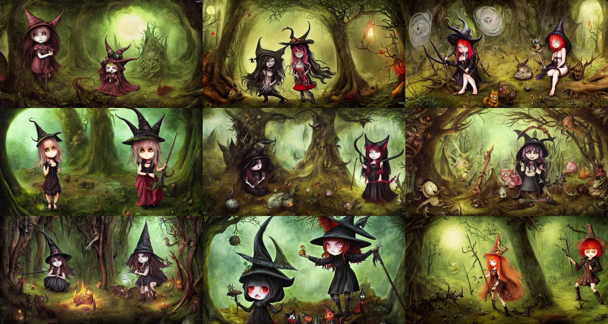 Prompt: satanic chibi witch in the evil forest, fantasy, 8 k resolution, hyper detailed, character design, digital painting, sharp focus, illustration, art by hieronymus bosch