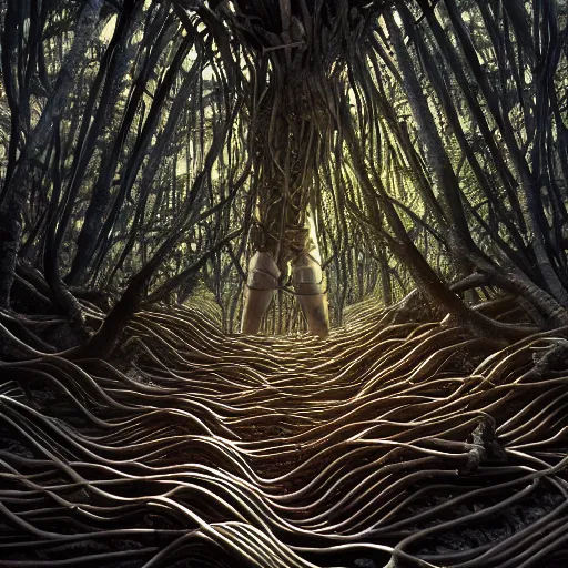 Image similar to the portal of nothingness lies under piles of modular synth cables mixed with mangrove roots, a place we can call our own together, by cameron gray, wlop, stanley kubrick, masamune, hideki anno, jamie hewlett, unique perspective, trending on artstation, 3 d render, vivid