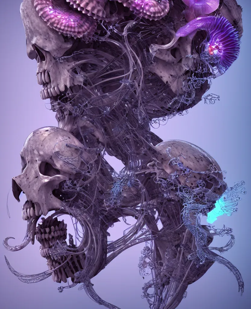 Image similar to goddess close-up portrait ram skull, skeleton, thorax, x-ray, backbone, jellyfish phoenix head, nautilus, orchid, skull, betta fish, bioluminiscent creatures, intricate artwork by Tooth Wu and wlop and beeple. octane render, trending on artstation, greg rutkowski very coherent symmetrical artwork. cinematic, hyper realism, high detail, octane render, 8k