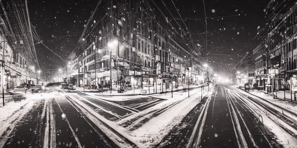 Image similar to a city street at night, snowing, photograph, cyberpunk, sharp focus, intricate detail, Desolate, drone shot, high resolution, 8k, neon streetlights, wires hanging down everywhere