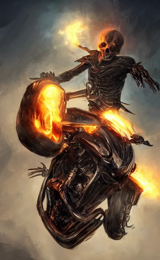 Prompt: dead as ghost rider, dynamic lighting, photorealistic fantasy concept art, trending on art station, stunning visuals, terrifying, creative, cinematic
