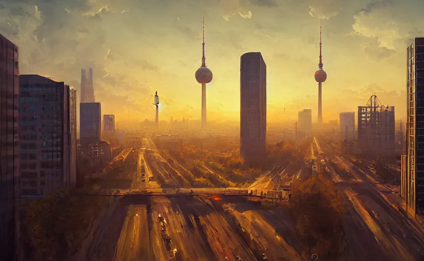 Prompt: painting of skyline of berlin with television tower at sunset, natural light, concept art, by greg rutkowski, cozy atmospheric and cinematic lighting