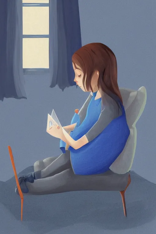 Prompt: a digital painting of a girl reading a book with a cat in A comfortable study room at night,blue and grey theme,JK uniform ,Hairdryer,blue theme,S line, by anmi and reoenl