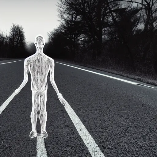 Prompt: a creepy figure standing in the middle of the road, found footage, dark, scary, night