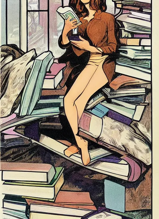 Prompt: a woman with light brown hair and glasses sitting on top of a tall pile of books. she is reading. well composed, clean elegant painting, beautiful detailed face. comic book art by steve ditko and jack kirby and alphonse mucha
