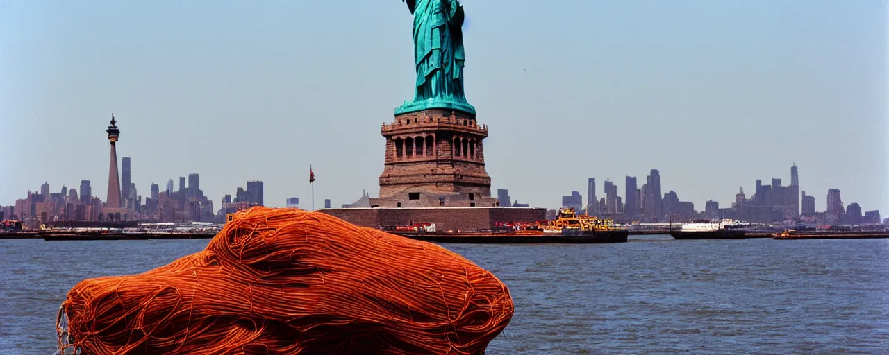 Image similar to a cargo ship transporting spaghetti in hudson river, background of the statute of liberty, canon 5 0 mm, photography, film, kodachrome