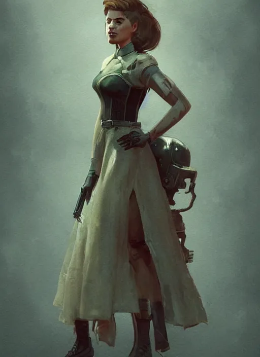 Prompt: portrait of a young woman from fallout 4 wearing a dress, art by ryo shiotani and greg rutkowski, intricate, beautiful, cute, cinematic lighting