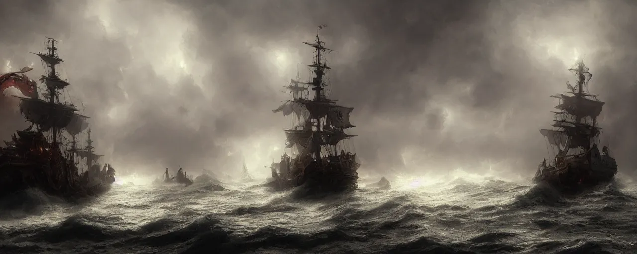 Prompt: fantasy ornate pirate warship on a stormy sea, fog, night, dramatic lighting, greg rutkowski, 4 k, artstation, matte painting, artstation