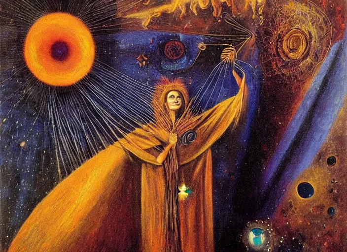 Image similar to a shaman! woman holding up the cosmic!!! universe, by remedios varo, reflection, symbolist, psychedelic colors, dramatic lighting, smooth, sharp focus, extremely detailed, aesthetically pleasing composition