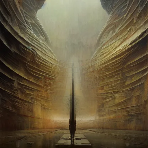 Image similar to inside epic futuristic structure by raymond swanland and zdzisław beksinski, highly detailed