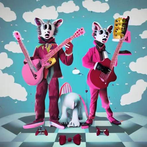 Prompt: bandphoto of anthropomorphic furry musicians, in the style of billelis and james jean and pedro conti and stanley kubrick, inspired by die antwoord, kawaii colors, photorealistic, epic, super technical, 3 d render