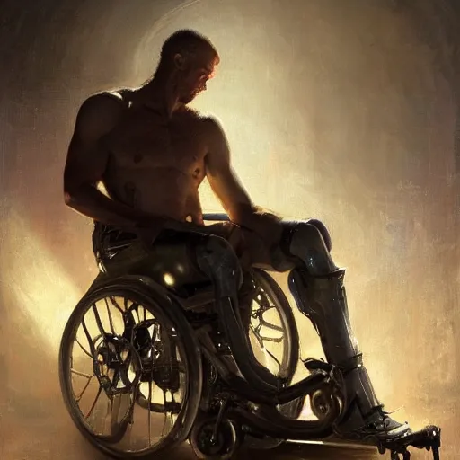 Image similar to handsome portrait of a wheelchair guy fitness posing, radiant light, caustics, war hero, one legged amputee, by gaston bussiere, bayard wu, greg rutkowski, giger, maxim verehin