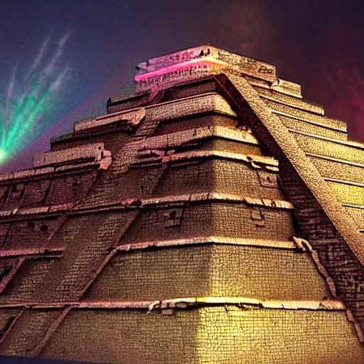 Prompt: a hyper realistic picture of a cyberpunk mayan pyramid with multiple lights coming out of it n- 10