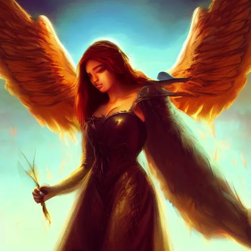 Image similar to angel with wings, mid-shot, fantasy, medieval, vivid colors, elegant, concept art, sharp focus, beautiful face, digital art, Hyper-realistic, 4K, Unreal Engine, Highly Detailed, HD, Dramatic Lighting by Brom, trending on Artstation