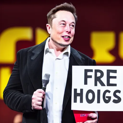 Image similar to Elon Musk holding a sign saying Free Hotdogs, highly detailed, high quality, HD, 4k, 8k, Canon 300mm, professional photographer, 40mp, lifelike, top-rated, award winning, realistic, sharp, no blur, edited, corrected, trending