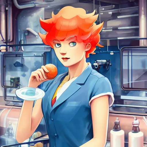 Image similar to British Pokemon original character with peach colored hair and heterochromia, Pixar style, beautiful woman, scientist, standing in a lab in front of a giant containment liquid filled tank, by Tristan Eaton Stanley Artgerm and Tom Bagshaw, Makoto Shinkai ilya kuvshinov and Wojtek Fus