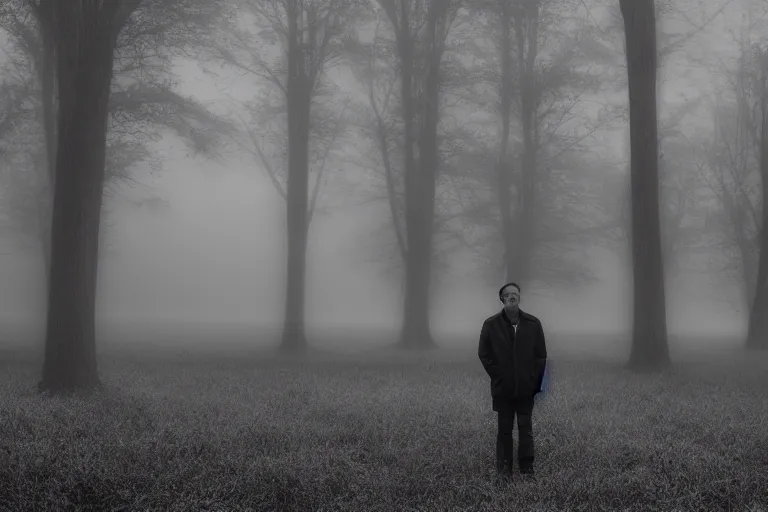 Image similar to a cinematic headshot portrait of a middle aged male stood in a fog filled field, ultra realistic, depth, beautiful lighting