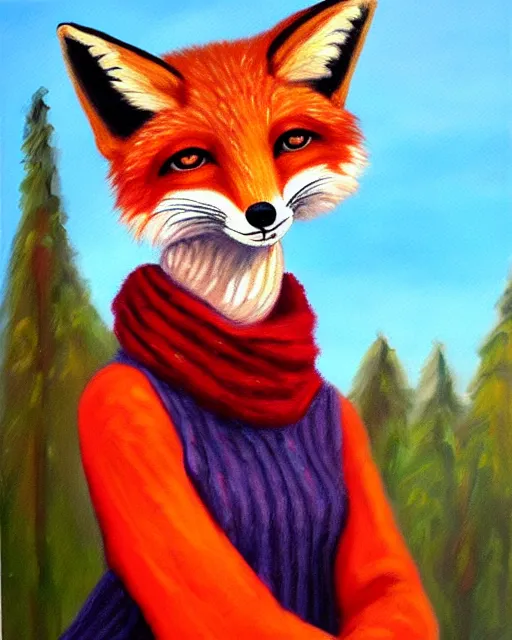 Image similar to oil painting portrait of anthropomorphic female fox animal dressed in sweater and scarf, fox animal, movie studio in background, location movie studio, oil painting,