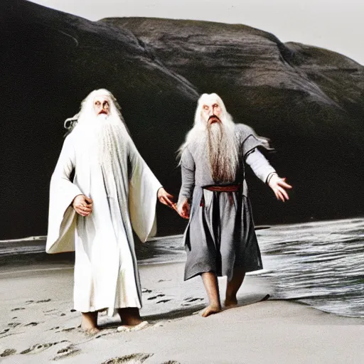 Image similar to Gandalf and Saruman frolicking on a beach, cinematic color