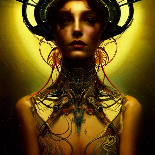 Prompt: extremely psychedelic beautiful cyborg virus infected by night. intricate, elegant, highly detailed, extremely lifelike photorealistic digital painting, artstation. steichen, gaston bussiere, tom bagshaw, cyberpunk alphonse mucha. elegant minimalism. anatomically correct. sharp focus. black and gold. surreal lush hallucination