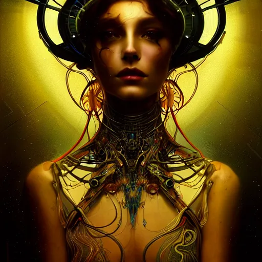 Image similar to extremely psychedelic beautiful cyborg virus infected by night. intricate, elegant, highly detailed, extremely lifelike photorealistic digital painting, artstation. steichen, gaston bussiere, tom bagshaw, cyberpunk alphonse mucha. elegant minimalism. anatomically correct. sharp focus. black and gold. surreal lush hallucination