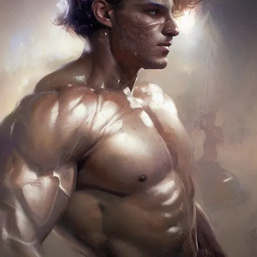 Image similar to handsome portrait of a young guy fitness posing, war hero, flexing, radiant light, caustics, by gaston bussiere, bayard wu, greg rutkowski, giger, maxim verehin