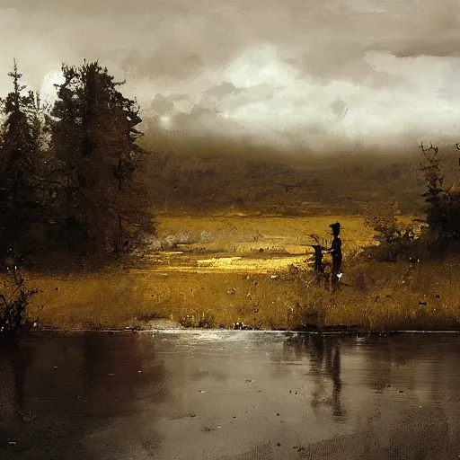 Prompt: Landscape, by Jakub Rozalski.