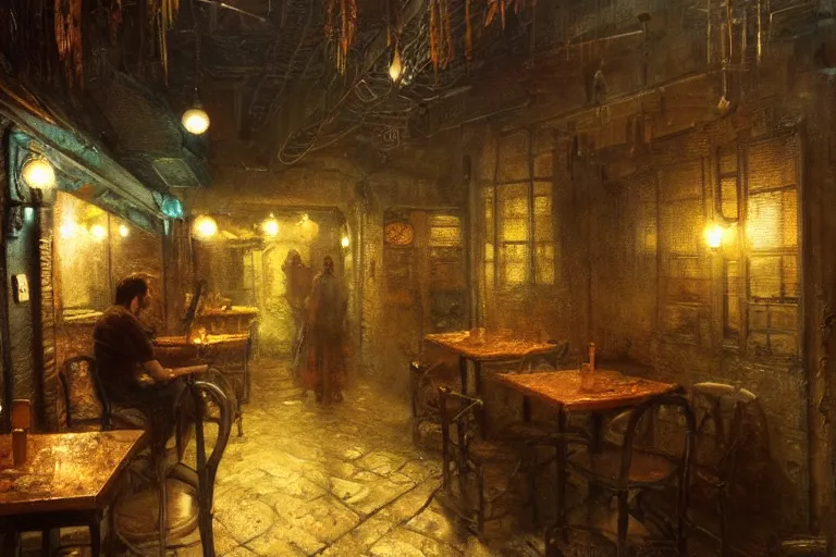 Prompt: Inside small cafe at night , moody scene, highly detailed, intricate, sharp details, dystopian mood, 1950 scene by gaston bussiere, craig mullins, somber lighting, drawn by Giacomo Burattini, inspired by graphic novel cover art, hyperrealistic, 8k by RHADS