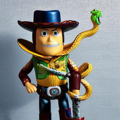 Prompt: a sheriff toy that has a snake in his boot, pixar official, 8 k