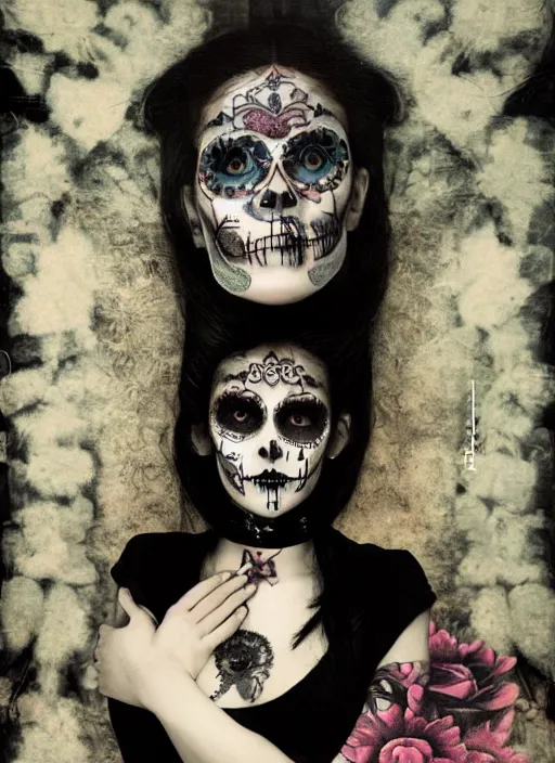 Prompt: cute punk goth fashion fractal Día de los Muertos tattoed girl posing by Zhang Jingna, surreal Dada collage by Man Ray Kurt Schwitters Hannah Höch Alphonse Mucha