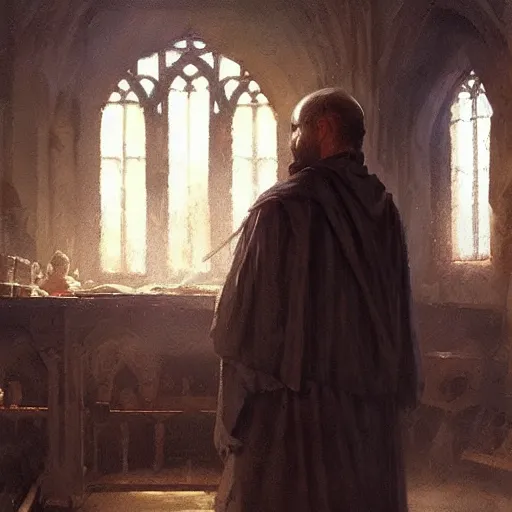 Prompt: Portrait painting of a medieval christian by his hands by greg rutkowski and Craig Mullins, Dark atmospheric and cinematic lighting