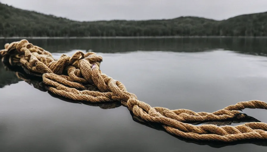 Image similar to wide shot of a bundle of rope on the surface of water, in the middle of a lake, overcast day, rocky foreground, 2 4 mm leica anamorphic lens, moody scene, stunning composition, hyper detailed, color kodak film stock