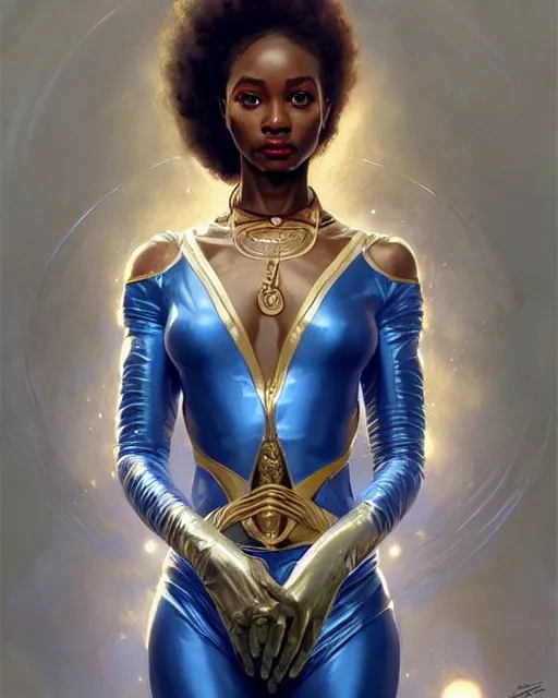 Image similar to Portrait of very very very very very very beautiful nigerian woman, spacesuit, blue eyes, real life skin, intricate, elegant, highly detailed, artstation, concept art, smooth, sharp focus, art by artgerm and greg rutkowski and alphonse mucha