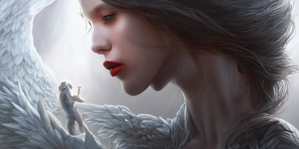 Image similar to ultra realistic, beautiful angel kissing devil, sci-fi, fantasy, mythical, intricate, elegant, highly detailed, digital painting, octane render, substance painter, zbrush, artstation, concept art, smooth, sharp focus, eerie, illustration, 8k, HD, art by artgerm and greg rutkowski and raphael
