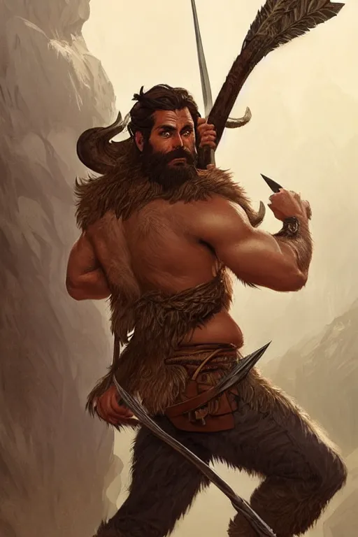 Image similar to full body portrait of a gruff ranger with a spear, lean and toned, handsome face, hairy chest and hairy body, D&D, intricate, elegant, highly detailed, digital painting, artstation, concept art, matte, sharp focus, illustration, art by Artgerm and Greg Rutkowski and Alphonse Mucha