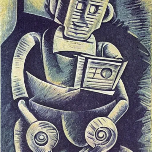 Image similar to A robot reading a book; in the style of Umberto Boccioni