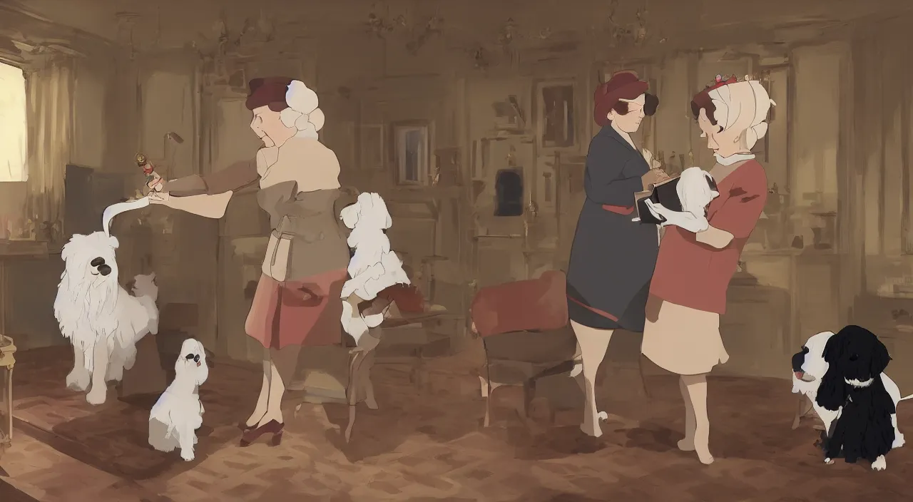 Image similar to queen of england placing the victoria cross around the neck of a cream - colored havanese dog, england, 1 9 0 0, tartakovsky, atey ghailan, goro fujita, studio ghibli, rim light, happy, warm lighting, clear focus, very coherent