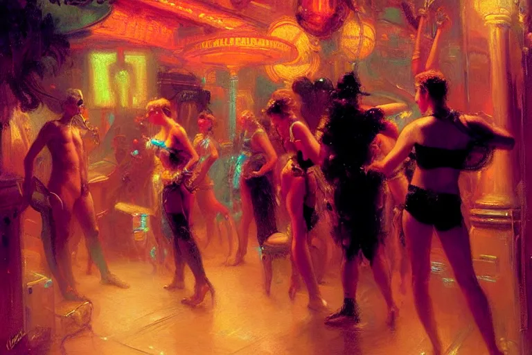 Prompt: futuristic techno party, summer, neon light, painting by gaston bussiere, craig mullins, j. c. leyendecker