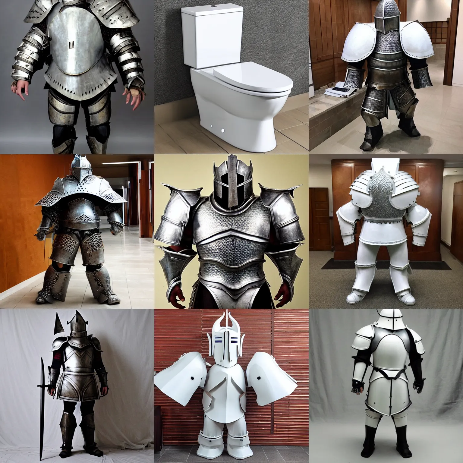 Prompt: oversized giant oversized knight wearing white porcelain toilet bowl armor