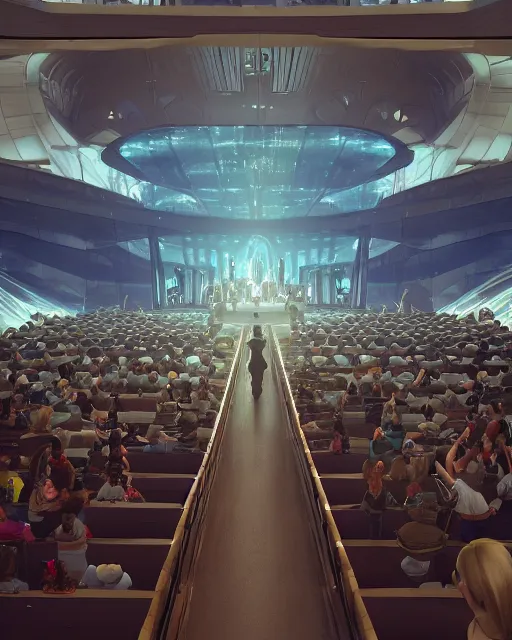 Prompt: crowd in a futuristic church, priest, pews, ethereal, inviting, bright, unreal engine, hyper realism, realistic shading, cinematic composition, realistic render, octane render, detailed textures, photorealistic, by craig mullins and moebius, wide shot