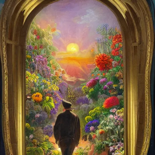 Image similar to A painting with a world of various flowers and plants, in which there is a figure of a human, dressed in something magical and impressive, inside this clothes infinity is all in sunset light, Atmospheric Phenomenon