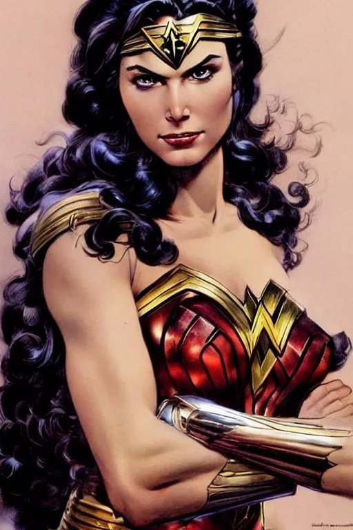 Image similar to a stunning portrait of wonder woman, fantasy art by Frank Frazetta and Boris Vallejo, highly detailed, trending on artstationhq