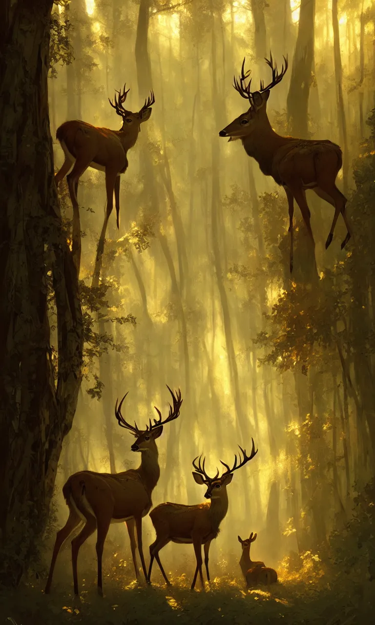 Image similar to Deer in Sherwood Forest, full frame, highly detailed, digital painting, artstation, concept art, smooth, sharp focus, illustration, art greg rutkowski and alphonse mucha